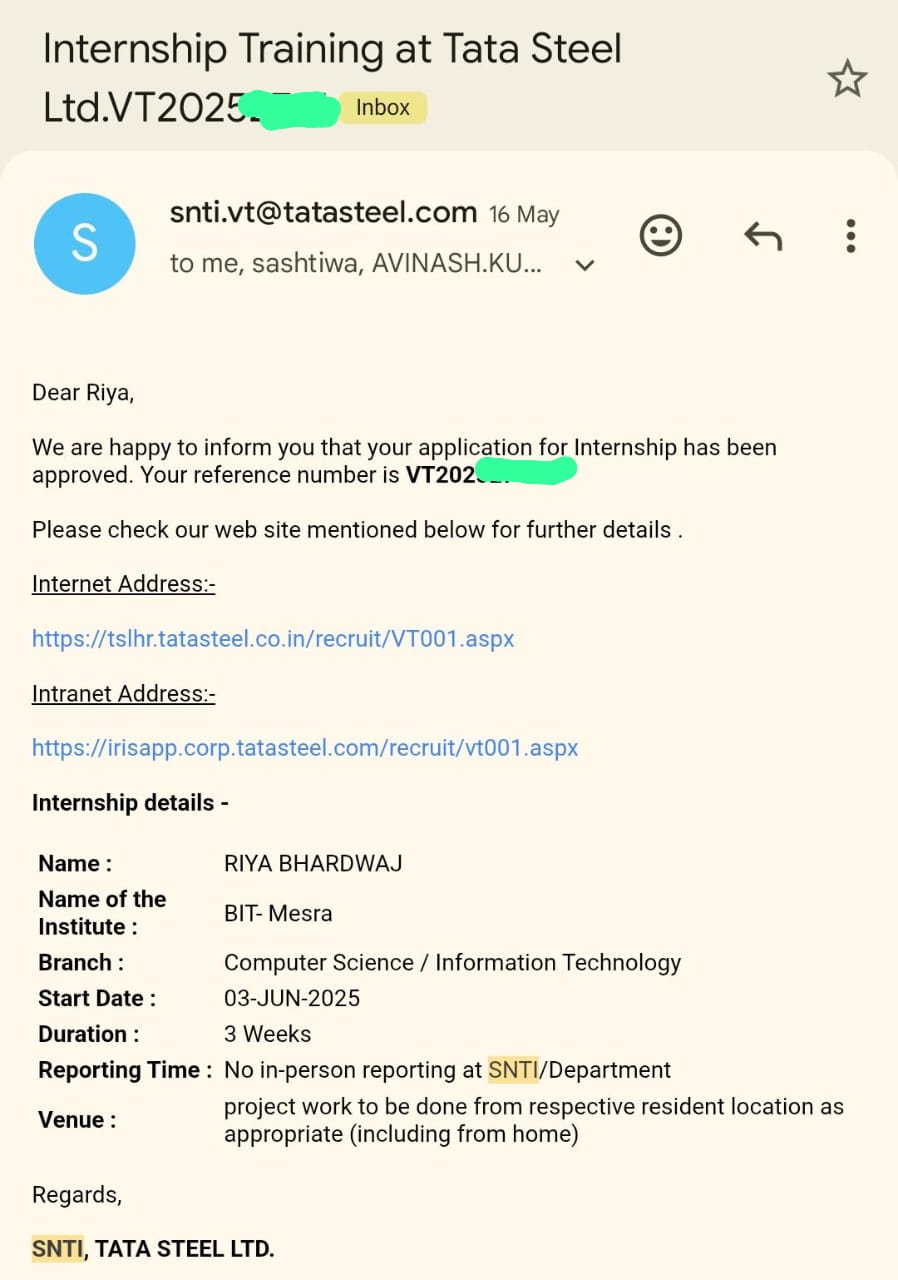 Tata Steel Internship Certificate