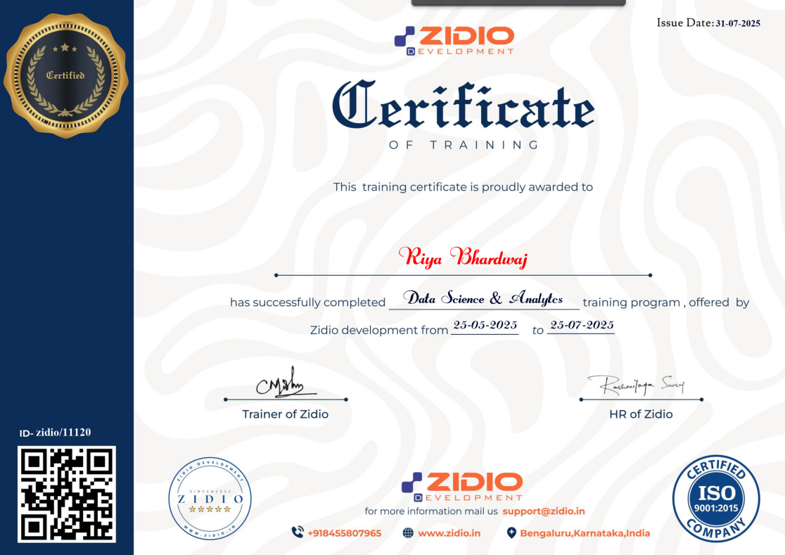 Zidio Development Internship Training Certificate