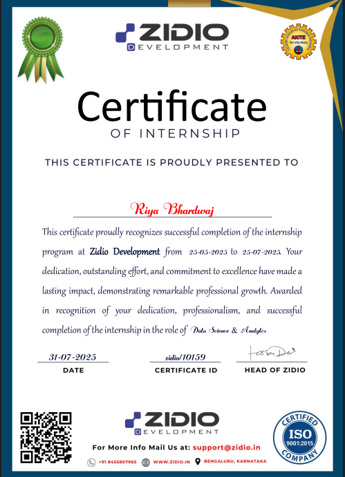 Zidio Development Internship Certificate